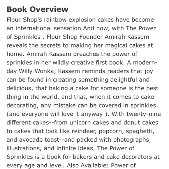 The Power of Sprinkles cake book

By Amirah Kassem 

Coffee table book - Picture 13 of 13